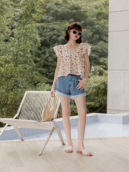 Cotton Frayed Denim Shorts