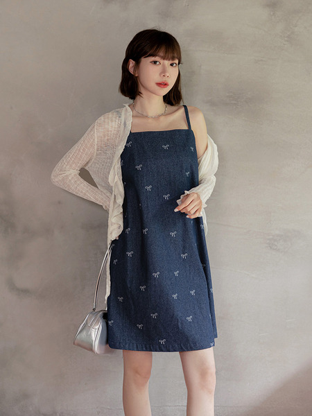 Cotton Bow-Print Denim Cami Dress