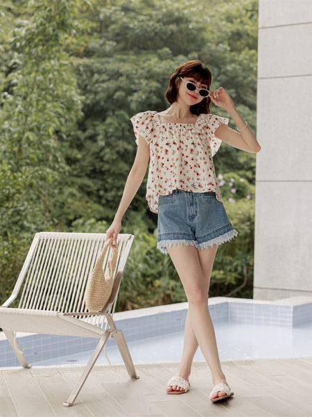 Square Neck Ruffle Sleeve Crop Top (F~3XL)