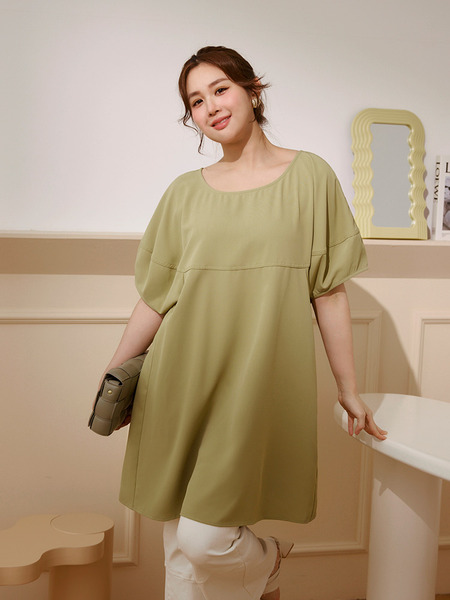 Puff Sleeve Mini Dress with Stitch Detail (XL~3XL)