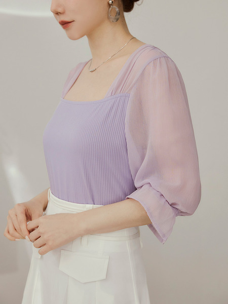Sheer Panel Bubble Sleeve Top