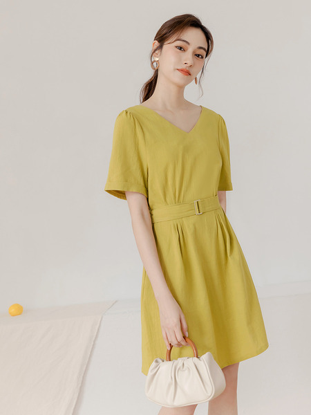Cotton V-Neck Midi Dress with Belt
