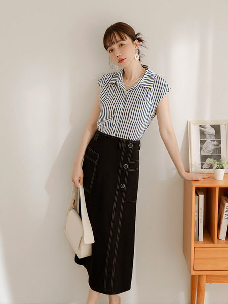 Button-Detail Midi Skirt with Elastic Waist