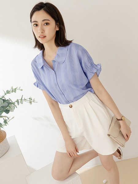 Striped Puff Sleeve Blouse with Peter Pan Collar