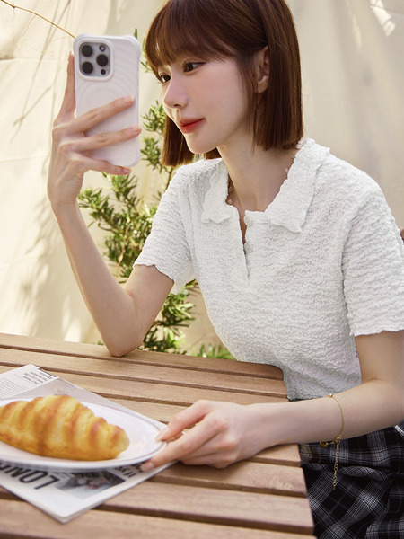 Textured Open-Neck Casual T-Shirt