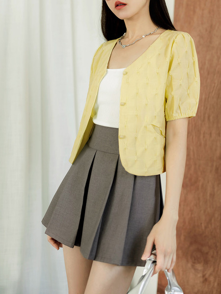 Textured Plaid Puff Sleeve Blouse