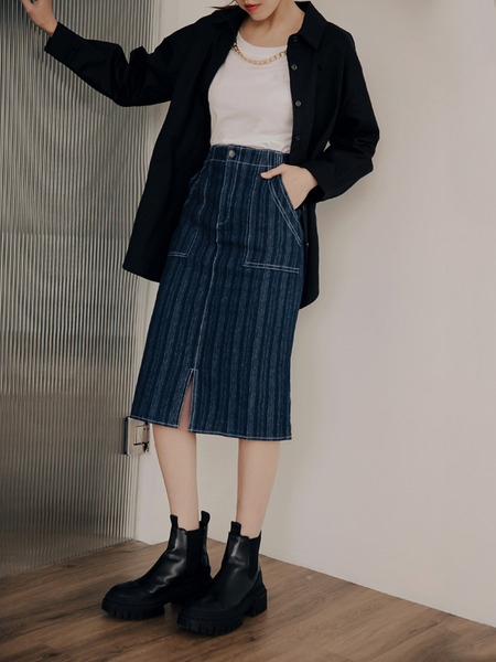 Cotton-Rich Striped Midi Skirt