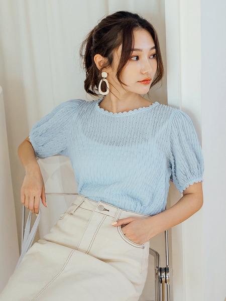 Textured Puff Sleeve Semi-Sheer Blouse