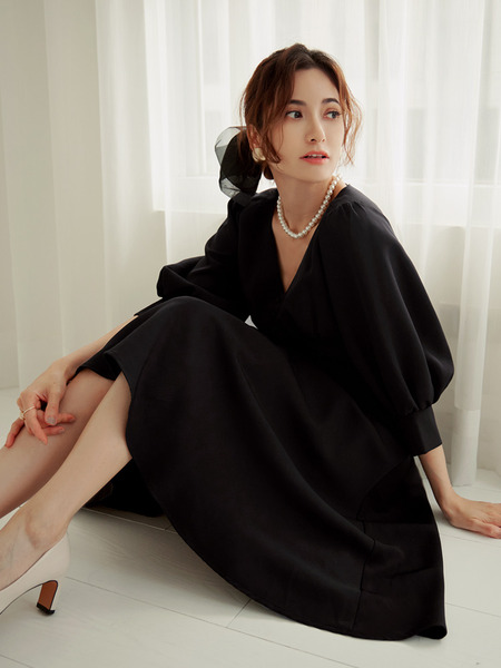 V-Neck Puff Sleeve Maxi Dress