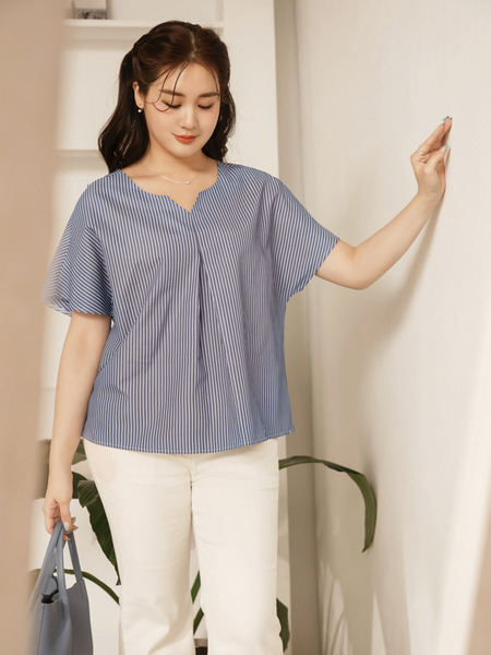 Striped V-Neck Pleated Sleeve Top