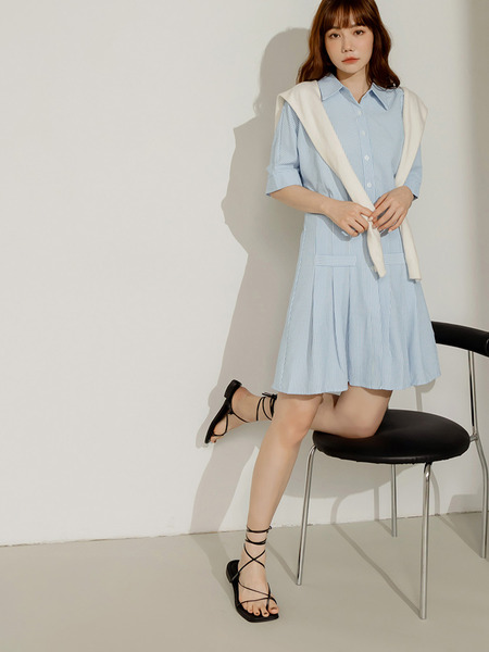 Striped Button-Down Pleated Mini Dress