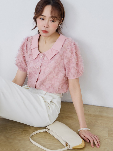 Sheer Textured Puff Sleeve Open-Front Top