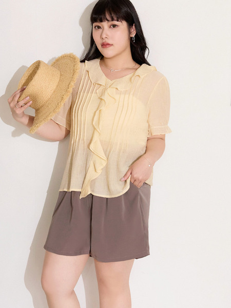 Textured V-Neck Ruffle Top (XL~3XL)