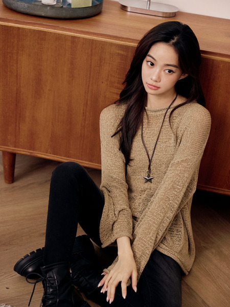 Sheer Knit Roll-Hem Long Sleeve Top (F~3XL)