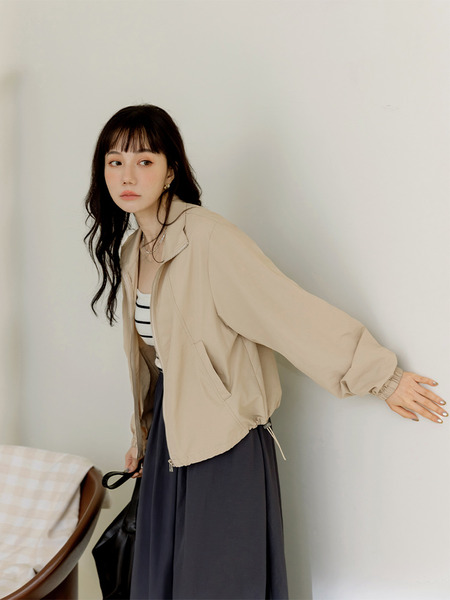 Zip-Up Drawstring Collar Jacket