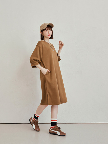 Space Cotton Side-Split Puff Sleeve Dress