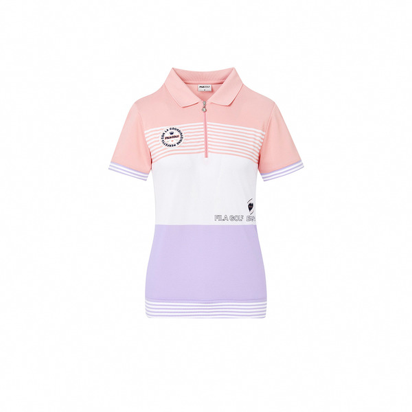 FILA Golf 女條紋涼感短袖POLO衫-杏粉 5POY-2129-PK