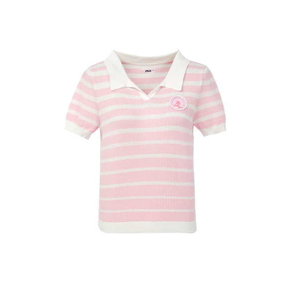 FILA 女優雅條紋短袖針織衫-粉白 5SWY-1013-PK