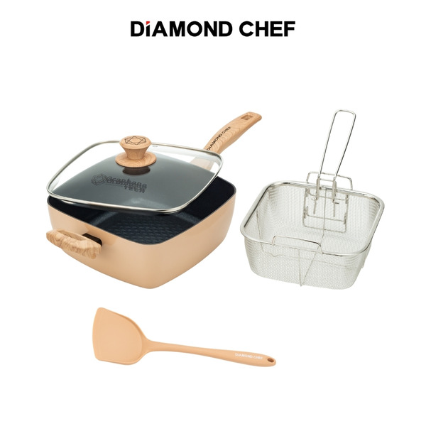黑金石墨烯不沾方型深炒鍋24cm-奶茶色(附鍋蓋/鍋鏟/炸物籃/IH爐可用)