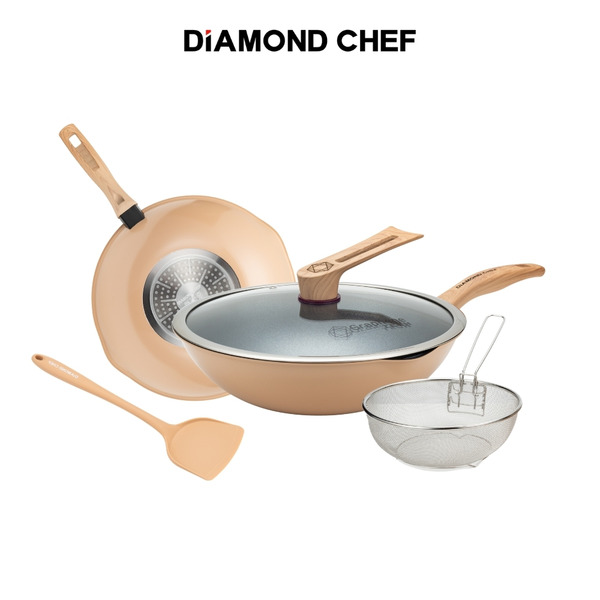 黑金石墨烯不沾深炒鍋32cm-奶茶色(附鍋蓋/鍋鏟/炸物籃/IH爐可用)