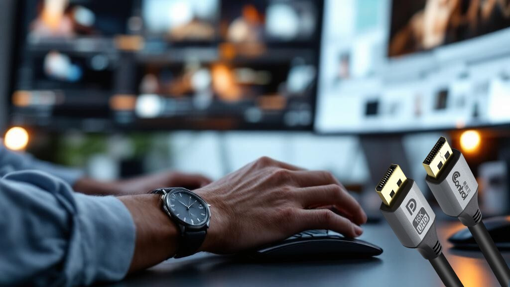 DP2.1 16K 線材產品展示圖，支援 8K/4K 高清穩定輸出