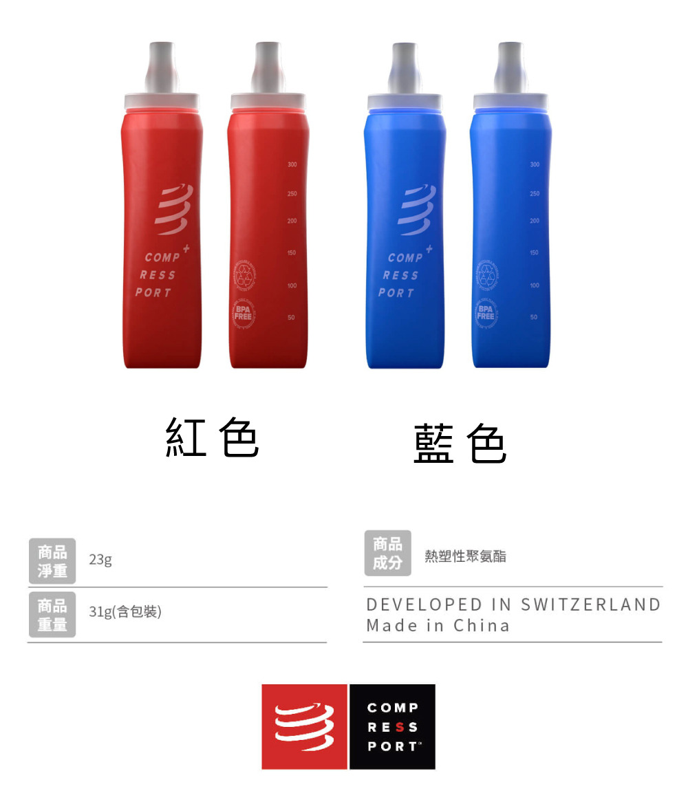 COMPRESSPORT瑞士 軟水壺 300ml 規格說明 材質安心 無無BPA和PVC塑料 