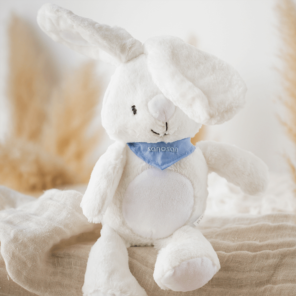 我叫珊諾QQ兔，是寶寶的好朋友！軟綿綿的外表，溫和的個性，寶寶最愛抱著我了，讓我陪伴寶寶的沐浴保養時光吧！