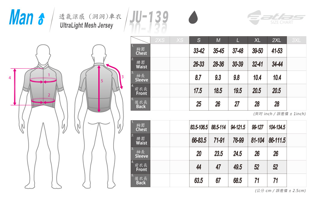 選手系列-中性短袖車衣尺寸表