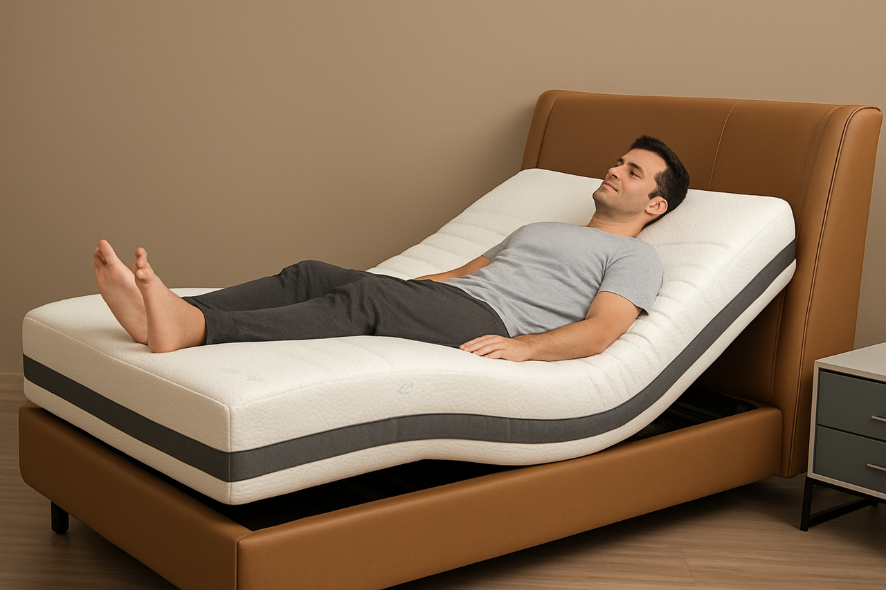 全氣囊電動按摩床墊廣告圖，律動新境界，結合科技與舒適體驗，喚醒身體自癒力