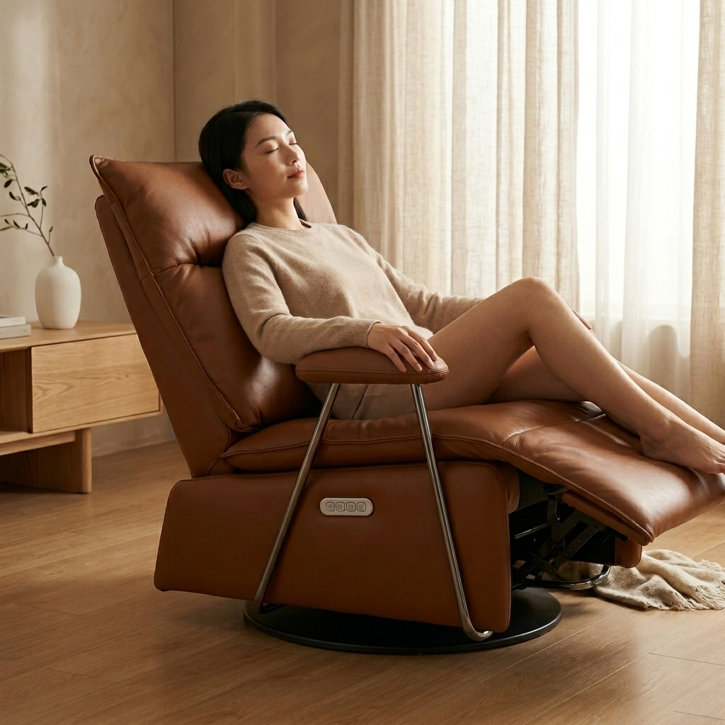 愛麗絲家俱 NAPPA牛皮電動單椅，女性悠閒倚靠於棕色真皮電動躺椅，展示頭等艙級享受