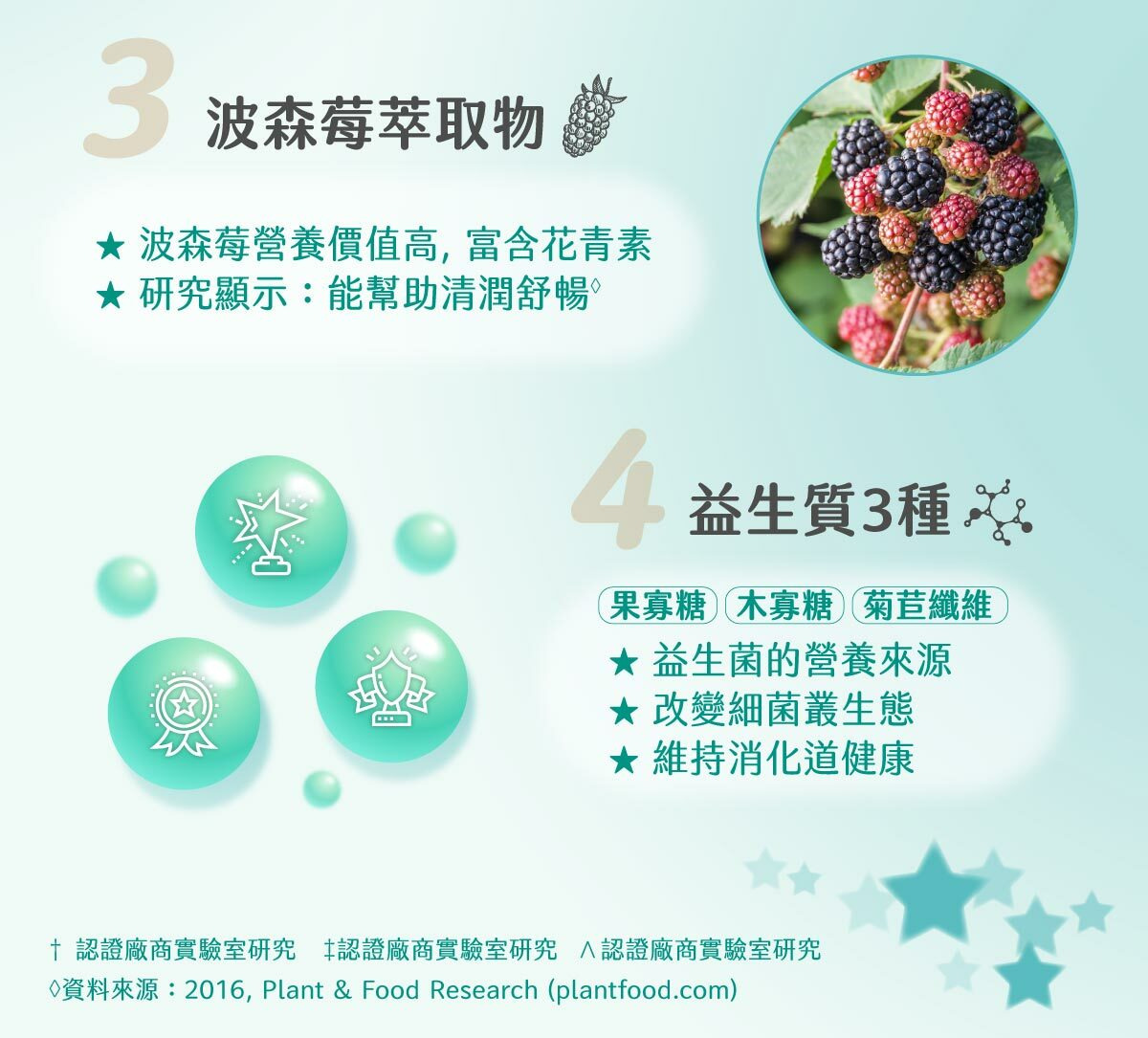 波森莓萃取物富含花青素，能幫助清潤舒暢，3種益生質改變菌叢生態，維持消化道健康