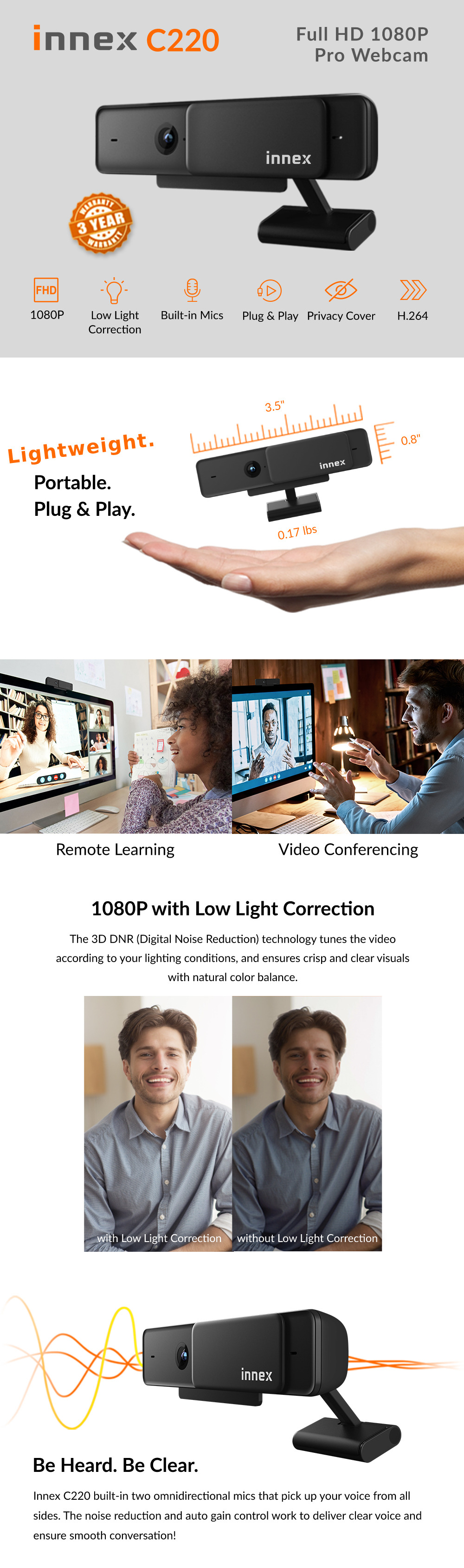 Innex C220-  1080P Pro Webcam with Low Light Correction