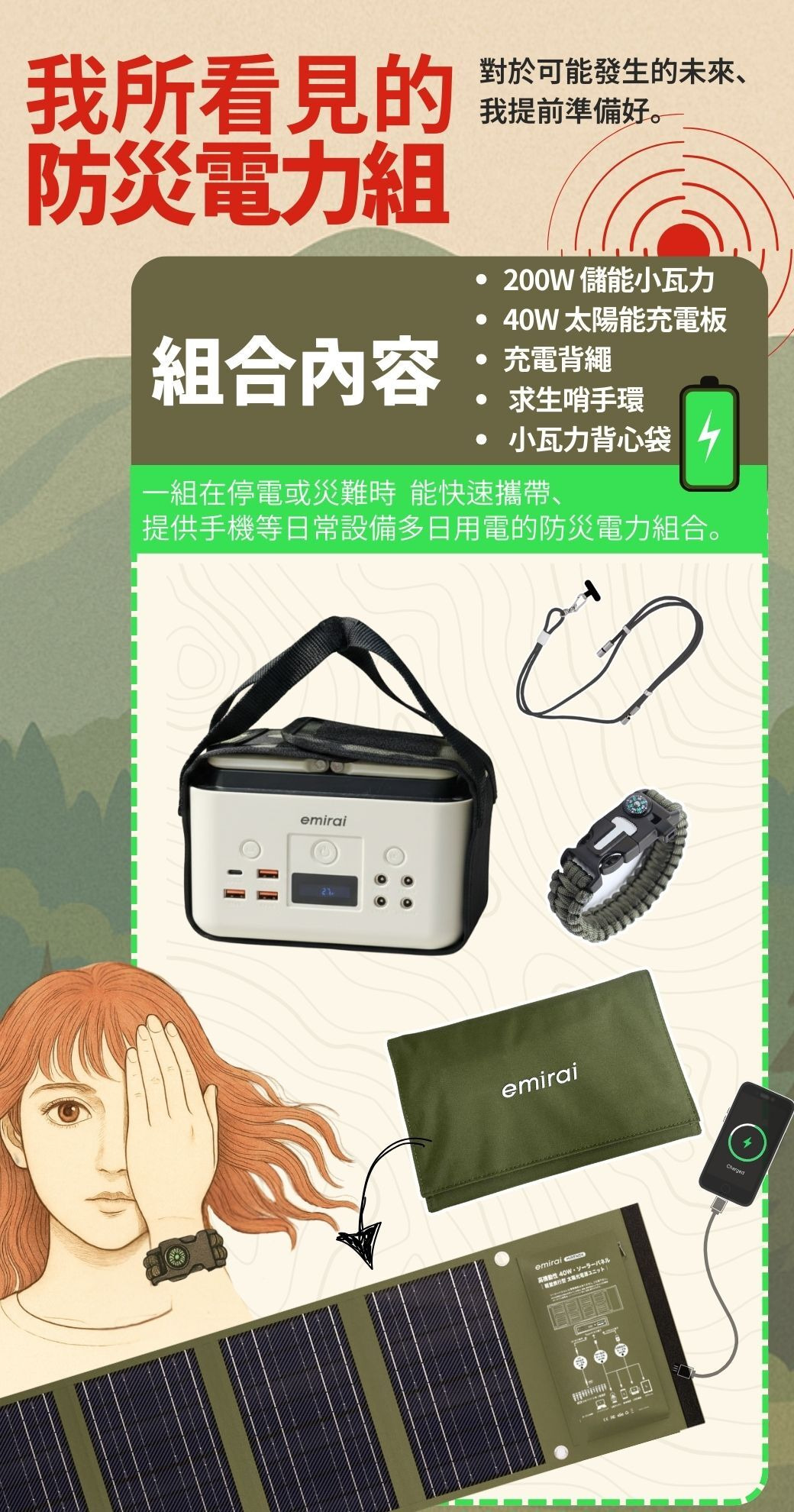 emirai,EMRS40,防災電力組,儲能備電,儲能小瓦力,EMR310,NEX430,MIRENEX,MIRENEXemirai,防災電力,停電,充電組,發電機,行動電源,太陽能板,小型太陽能板,攜帶是太陽能板,充電背繩,求生手環,野外求生,大河先生帶來好物,DAHEGOODS大河先生,次世代行動電站,地震,避難包