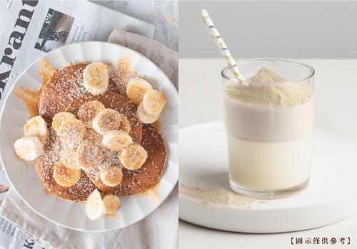純香蕉粉的料理應用，左邊一碗香蕉燕麥粥，右邊一杯香蕉奶昔