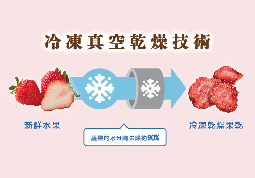 冷凍真空乾燥技術示意圖，將新鮮草莓透過凍乾技術製成凍乾草莓片。