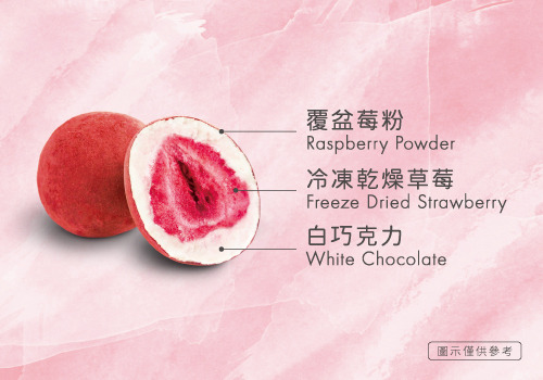草莓巧克力(莓果)的結構圖。最內層為冷凍乾燥草莓，中間層是白巧克力，最外層是天然莓果粉