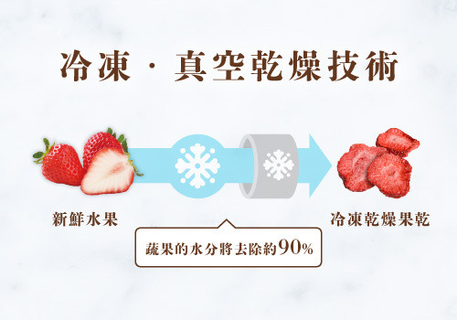 冷凍真空乾燥技術示意圖，將新鮮水果透過凍乾技術製成凍乾果乾。