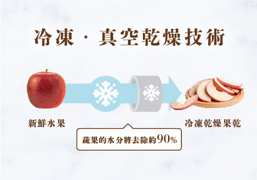 冷凍真空乾燥技術示意圖，將新鮮蘋果透過凍乾技術製成凍乾蘋果片。