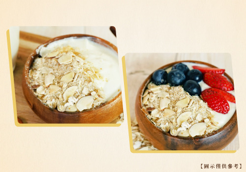 杏仁亞麻仁大燕麥片的沖泡示意圖，一碗加水沖泡，一碗添加果乾與堅果。