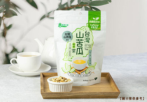 義美生機無咖啡因茶系列商品，一包120克、內含10小包的山苦瓜糙米茶。