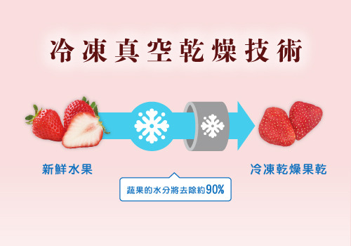 解釋冷凍真空乾燥技術的過程，將新鮮水果去除約90%以上之水分，製作成冷凍乾燥果乾