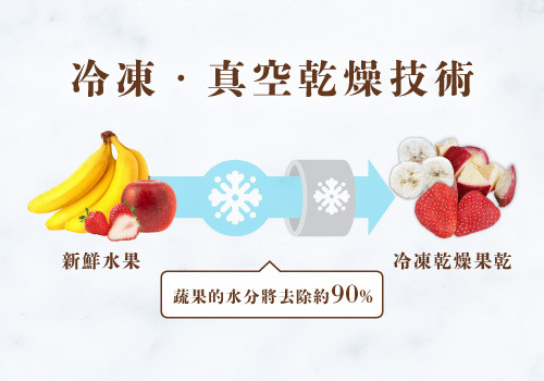 冷凍真空乾燥技術示意圖，將新鮮水果透過凍乾技術製成凍乾果乾。