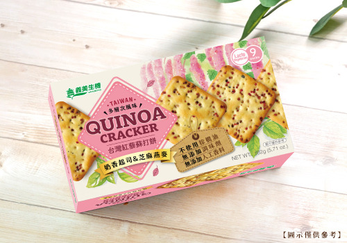 一盒162g內含9小包的台灣紅藜蘇打餅紙盒包裝，添加營養豐富的台灣原生種紅藜。