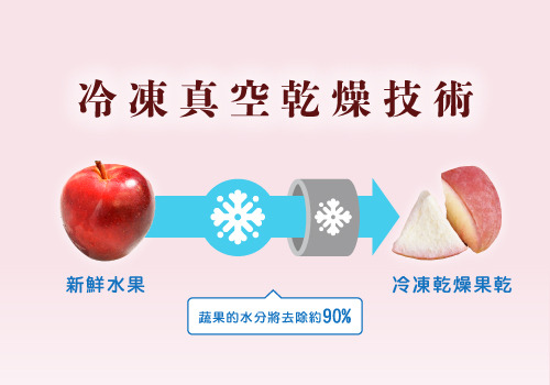 解釋冷凍．真空乾燥技術的過程，將新鮮水果去除約90%以上之水分，製作成冷凍乾燥果乾