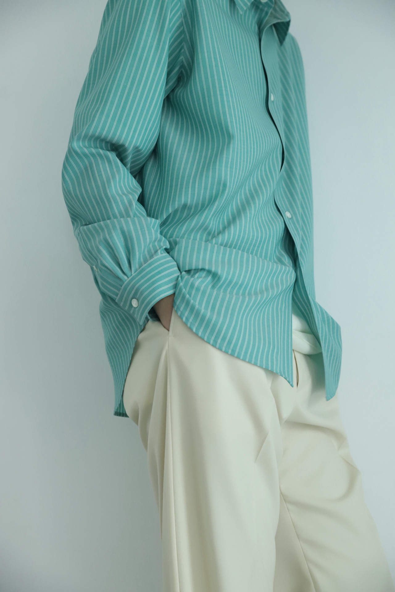 AURALEE - Super Fine Wool Stripe Shirt Men (GREEN STRIPE/WHITE 