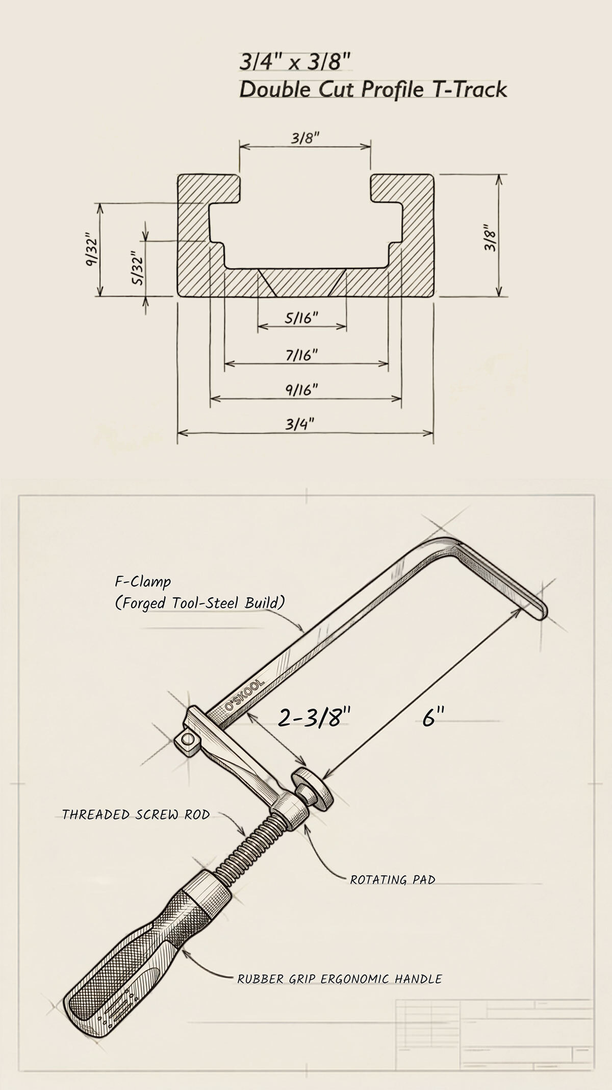 O'SKOOL Track F Clamp for 3/8" x 3/4" Double Cut Profile T Track, 6" Opening, 2-3/8" Throat-TTK020