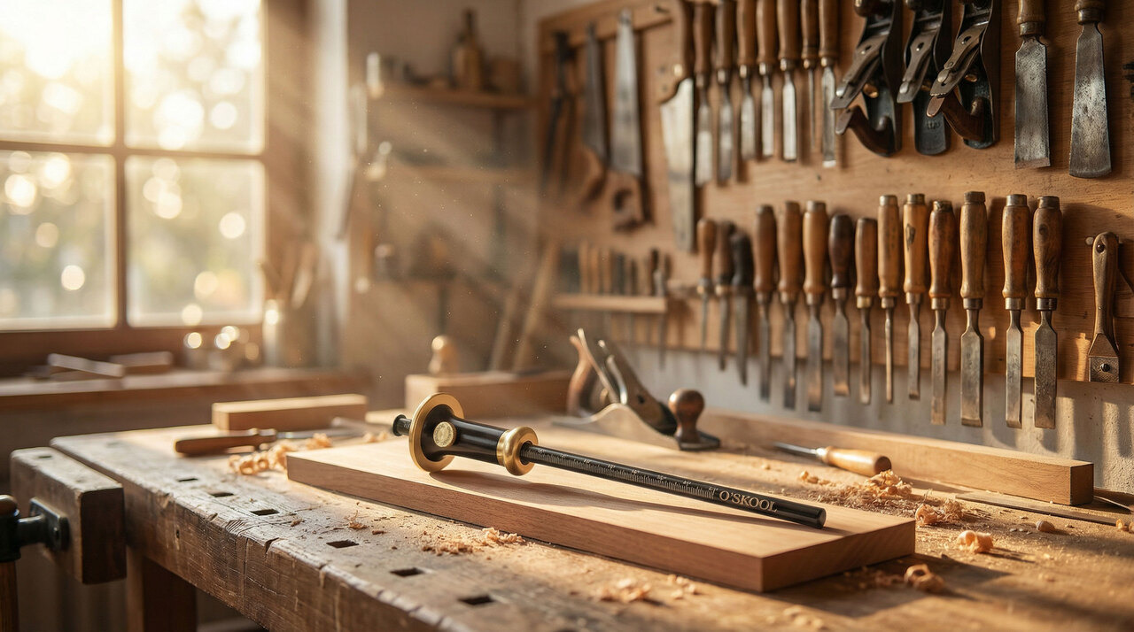 O'SKOOL Wheel Marking Gauge for Woodworking, Precision Scribing Tool with Dual Metric/Imperial Scale, Solid Metal Body, Bearing-Mounted Rolling Cutter, Extra Blade Included-MAM018