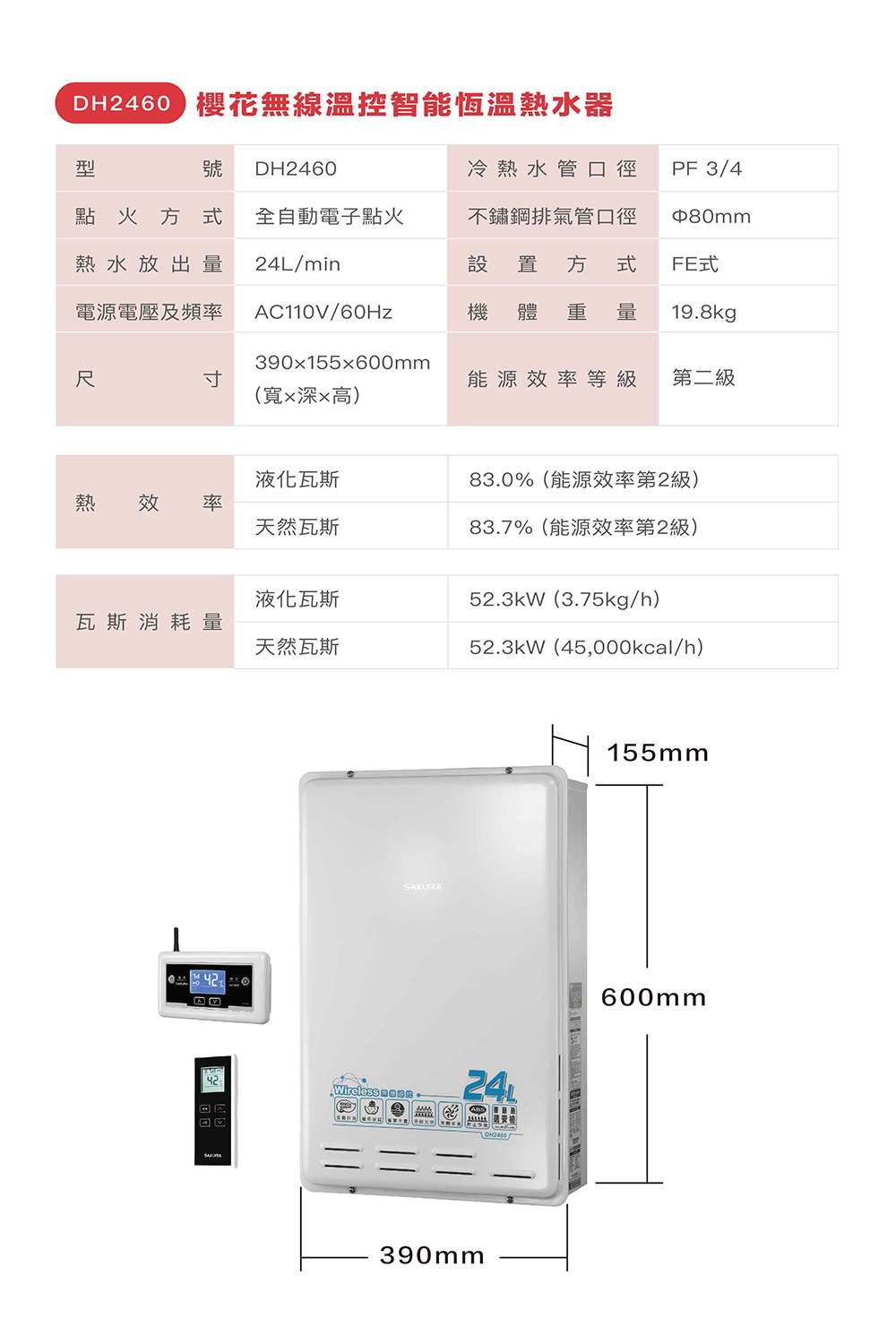 DH2460無線溫控制能恆溫熱水器規格