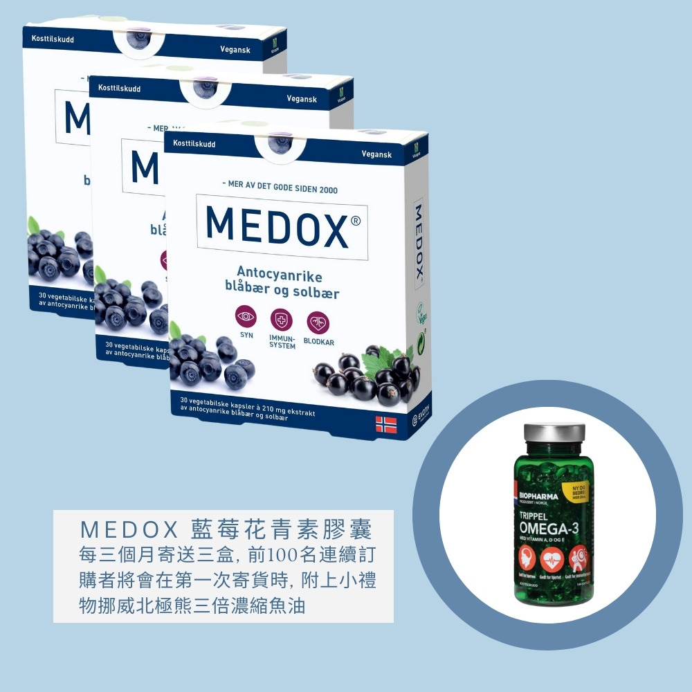 Medox歐洲藍莓花青素連續訂購每3個月寄送3盒享優惠價格2,997元