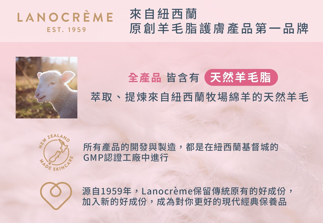 LANOCRÈME 來自紐西蘭NEWEST.1959原創羊毛脂護膚產品第一品牌ZEALANDMADE全產品 皆含有天然羊毛脂萃取、提煉來自紐西蘭牧場綿羊的天然羊毛SKINCARE所有產品的開發與製造,都是在紐西蘭基督城的GMP認證工廠中進行源自1959年,Lanocrème保留傳統原有的好成份,加入新的好成份,成為對你更好的現代經典保養品